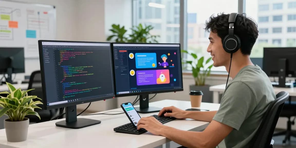 Engaging developer using Crushon AI for virtual chat interactions in a modern workspace.
