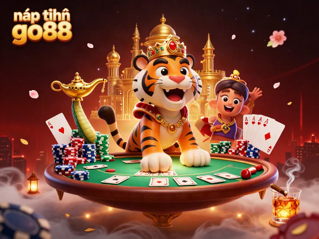 Engage in nạp tiền go88 with thrilling Arabian-themed gaming elements, featuring a tiger sultan and magic lamp.
