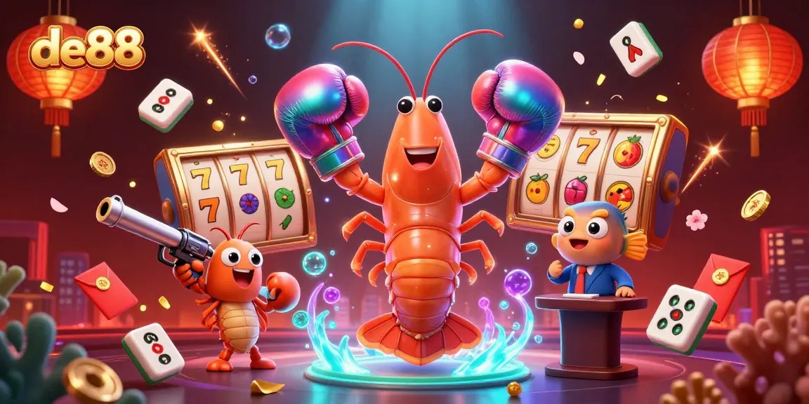 Experience top gambling action with de88 featuring energetic cartoon shrimp champions in a vibrant casino scene.
