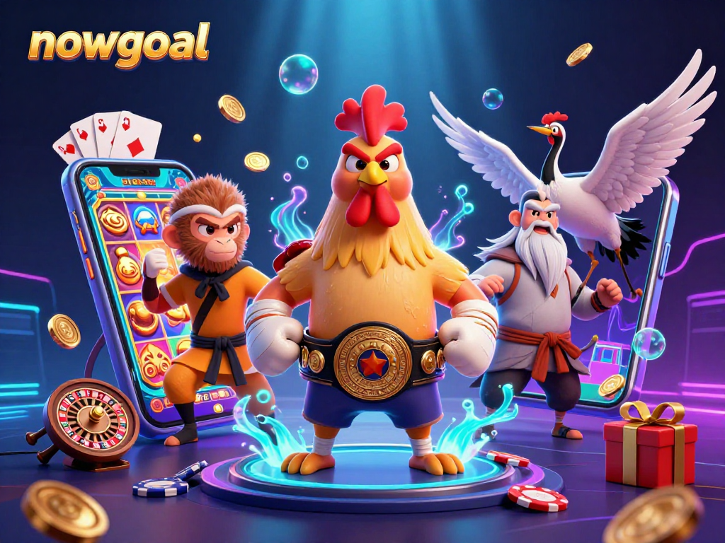 Engage with nowgoal's vibrant 3D casino scene featuring a Muay Thai rooster and Shaolin monkey amidst colorful slot games.