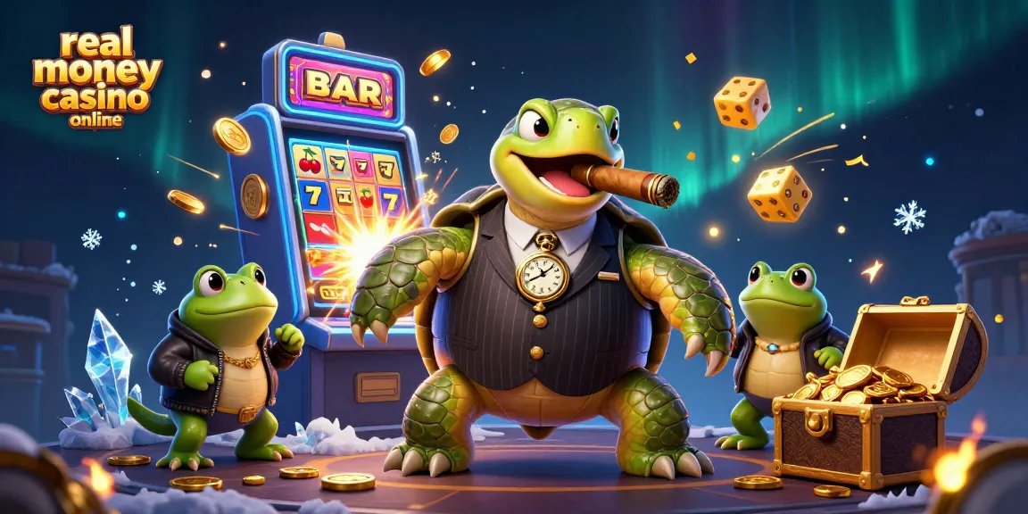 A massive snapping turtle in a vintage suit symbolizes the real money casino online experience, surrounded by vibrant slots and gaming elements.