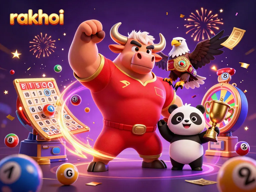 Experience rakhoi's dynamic lottery and sports betting scene with vibrant 3D mascots and exciting game elements.