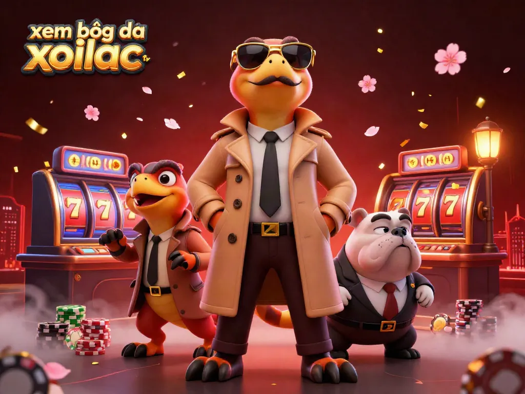 Xem bóng đá Xoilac TV illustration with raptors in a trench coat at VIP casino entrance.