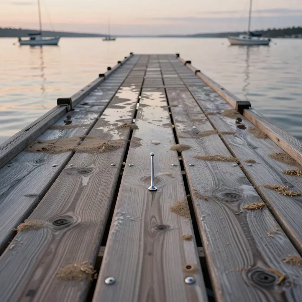 Väderbiten brygga vid Mälaren med fiskespöspets, spegelblankt vatten och suddiga båtar i skymning.