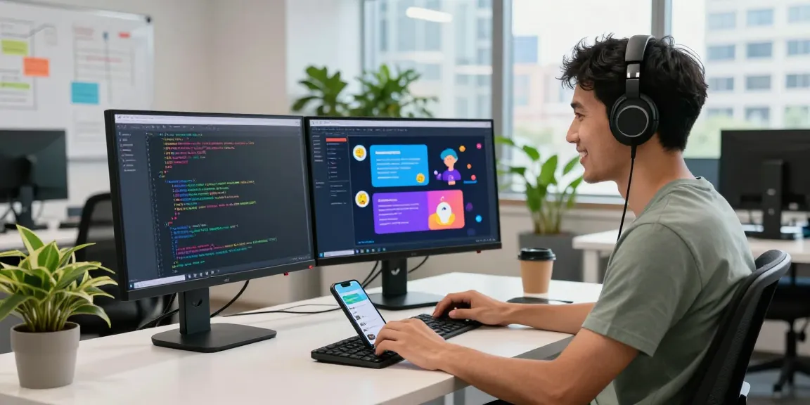 Engaging developer using Crushon AI for virtual chat interactions in a modern workspace.