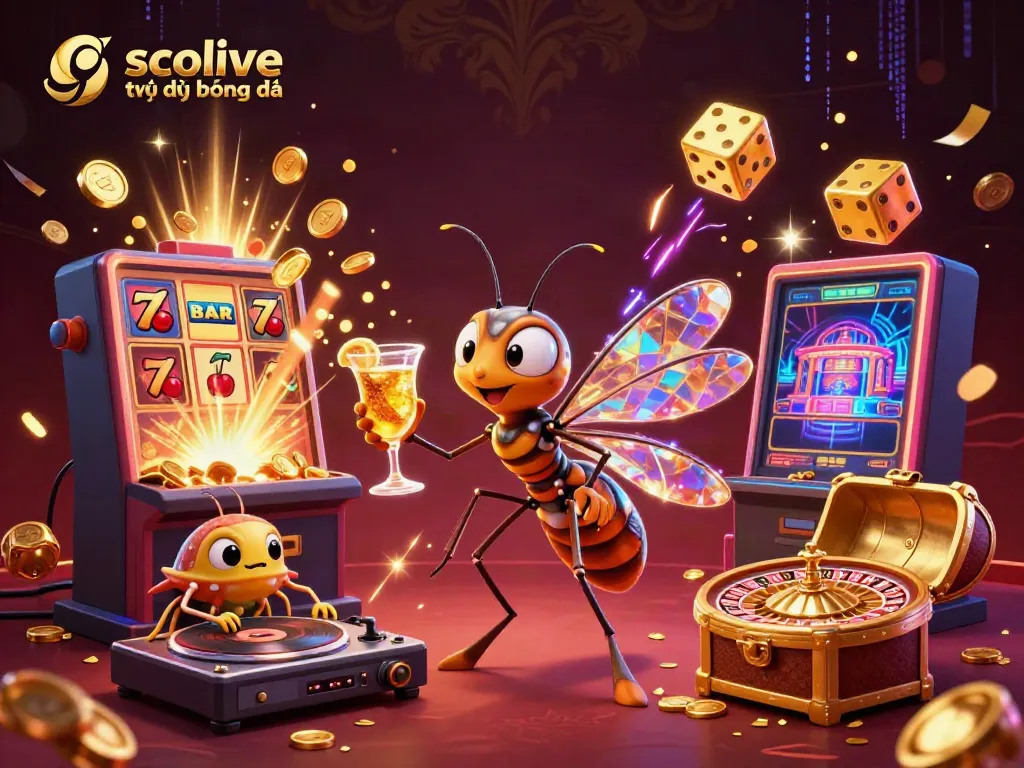 Watch the vibrant scene of socolive trực tiếp bóng đá with a lively mosquito mascot and thrilling casino elements