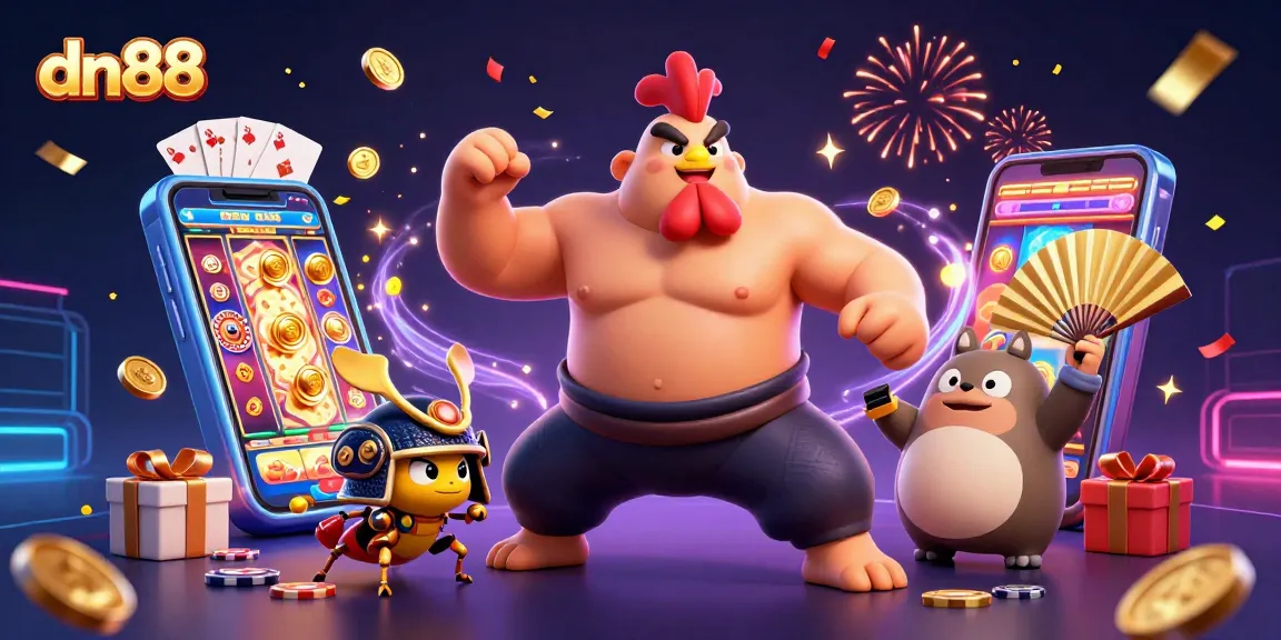 Experience the thrill of gaming at dn88 with a powerful sumo wrestler and fun characters amidst casino elements.