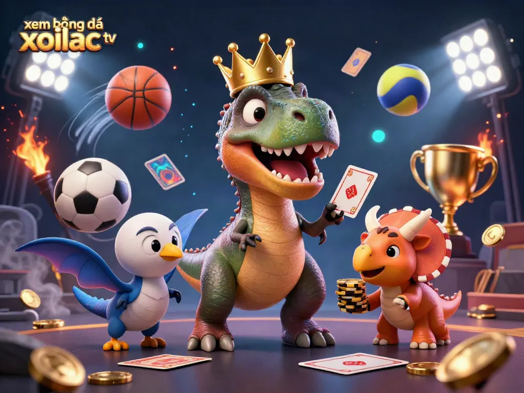 Xem bóng đá xoilac tv illustrated scene with a T-Rex, pterodactyl, and triceratops engaging in sports betting activities.