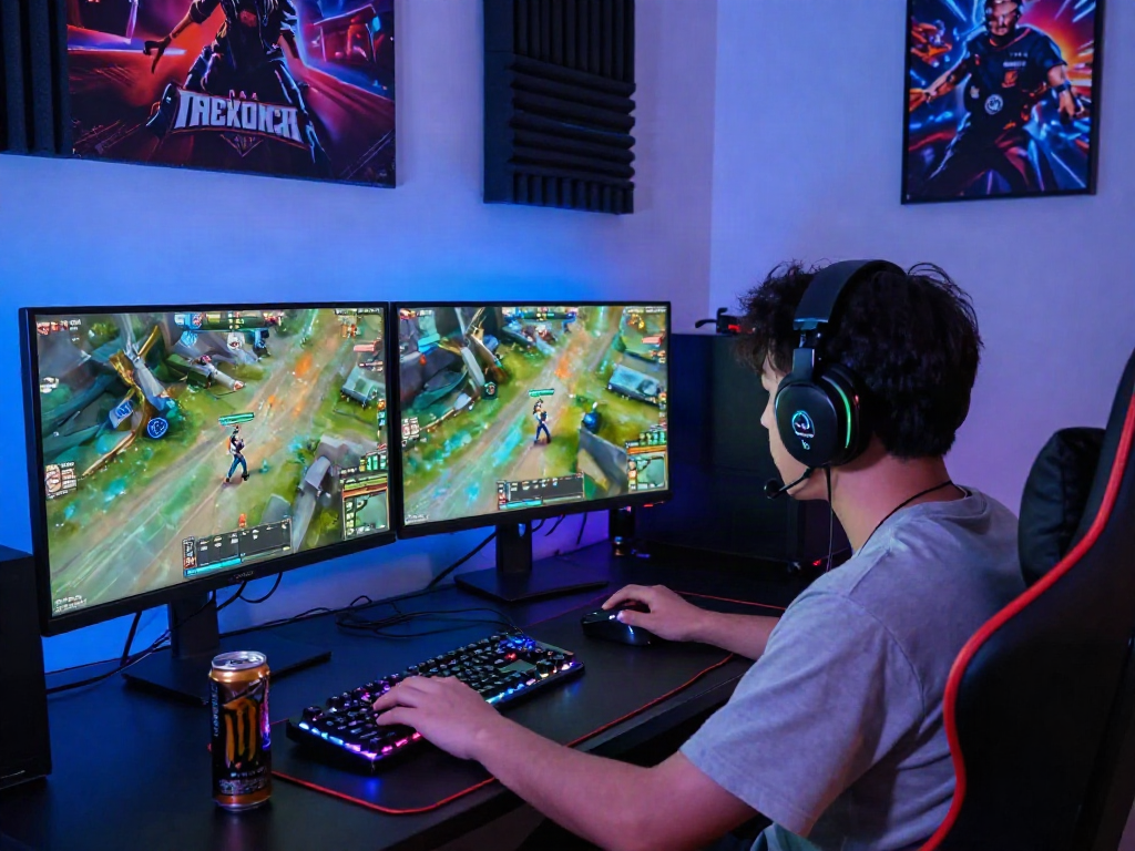 Gamer deeply focused on rokok88 action in immersive gaming setup with RGB lights.