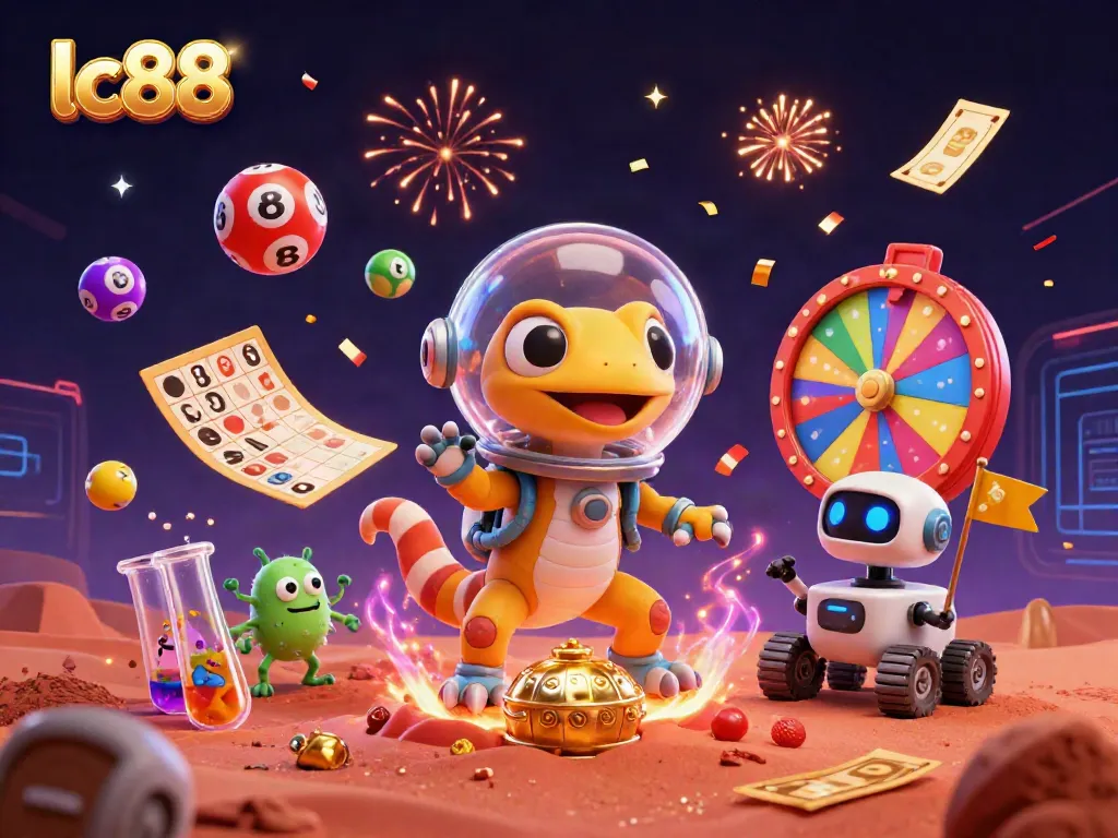 Experience thrilling wins at lc88 with a Martian gecko exploring a golden casino surrounded by lottery balls.