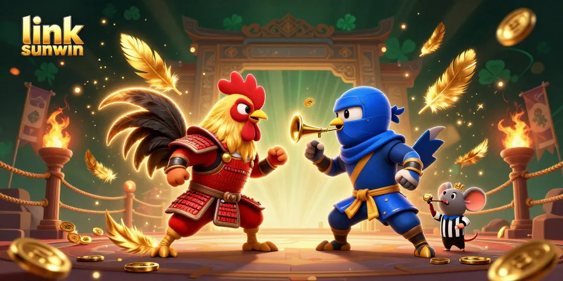 Engage in the excitement with link sunwin as fighting roosters clash in a vibrant casino-themed showdown.