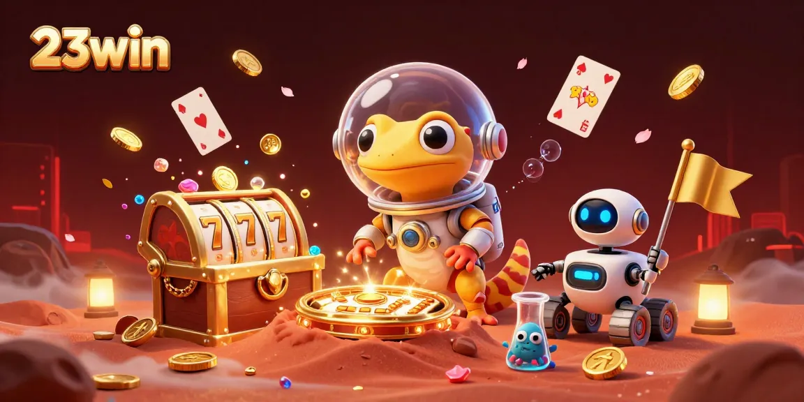 Experience thrilling wins at 23win with a vibrant scene of a Martian gecko at a cosmic casino!