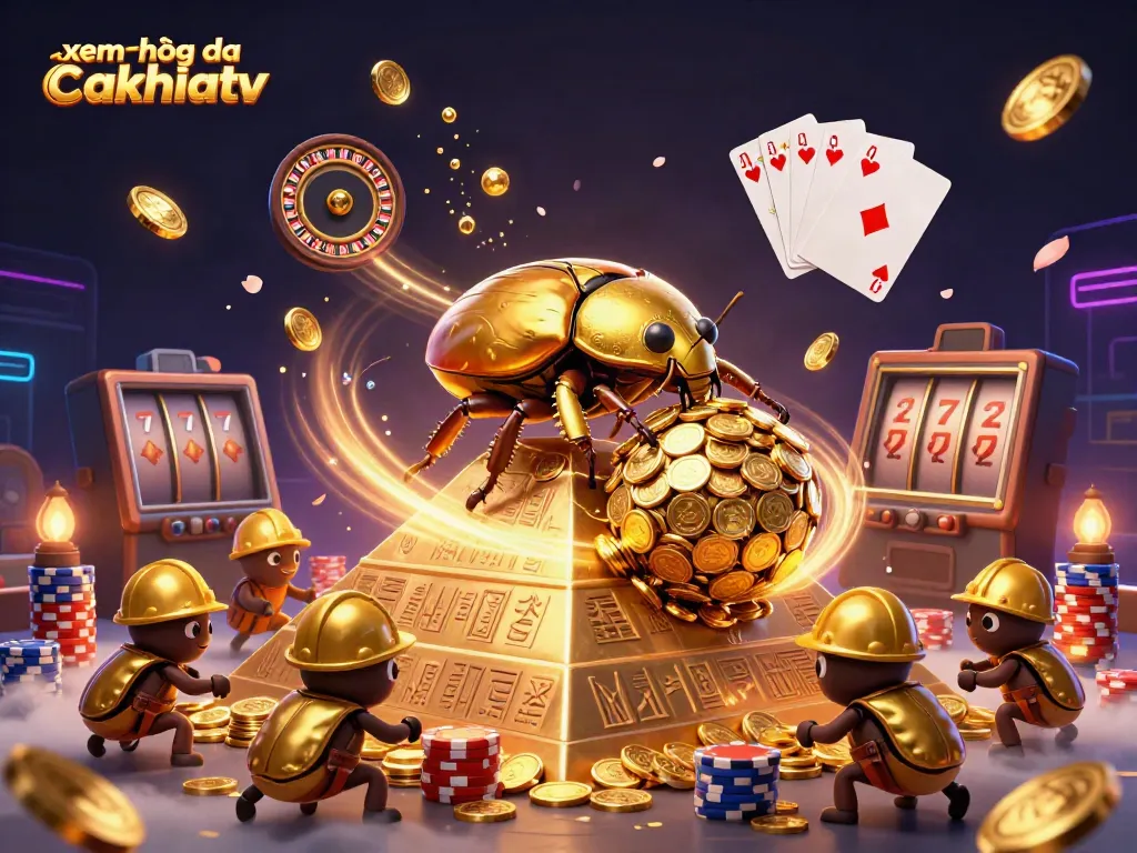 Experience xem bóng đá cakhiatv with vibrant golden coins and dynamic casino elements surrounding a golden dung beetle.
