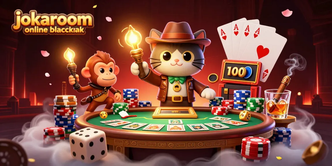 Experience jokaroom online blackjack with a vibrant 3D illustration of a heroic cat and monkey uncovering treasures.
